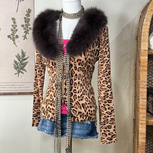 Vintage 90s Y2k Fur Trim Leopard Zip Cardigan Sweater McBling Mob Wife Sexy S - Picture 2 of 7